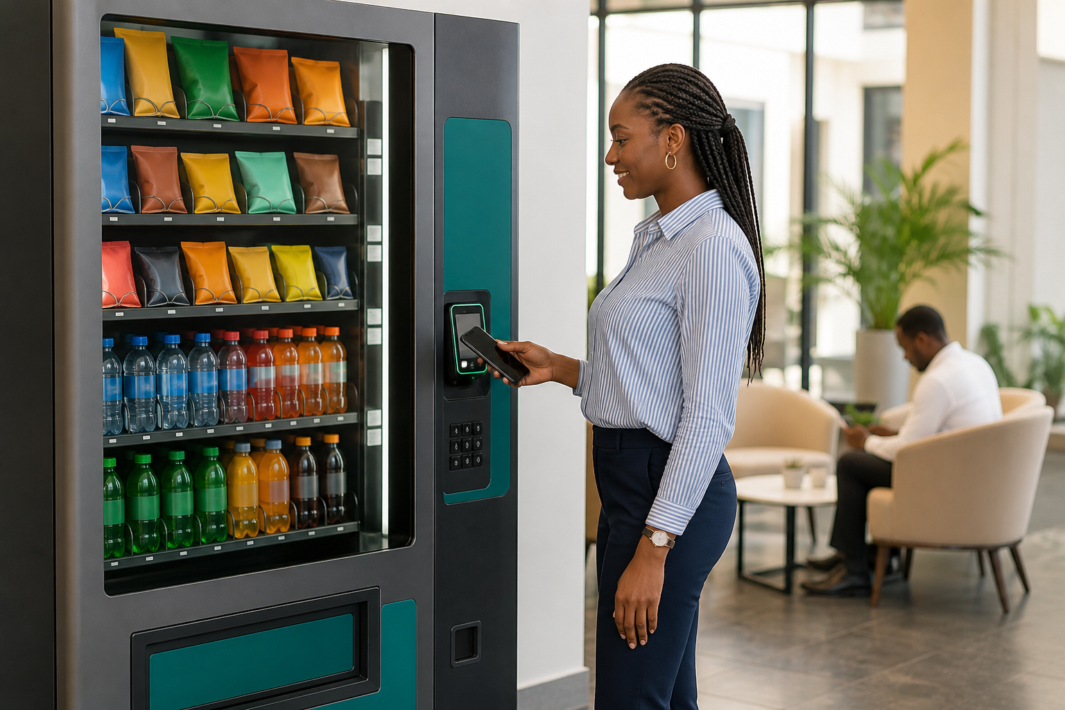 A customer making a cashless purchase from a modern vending machine in an office lounge