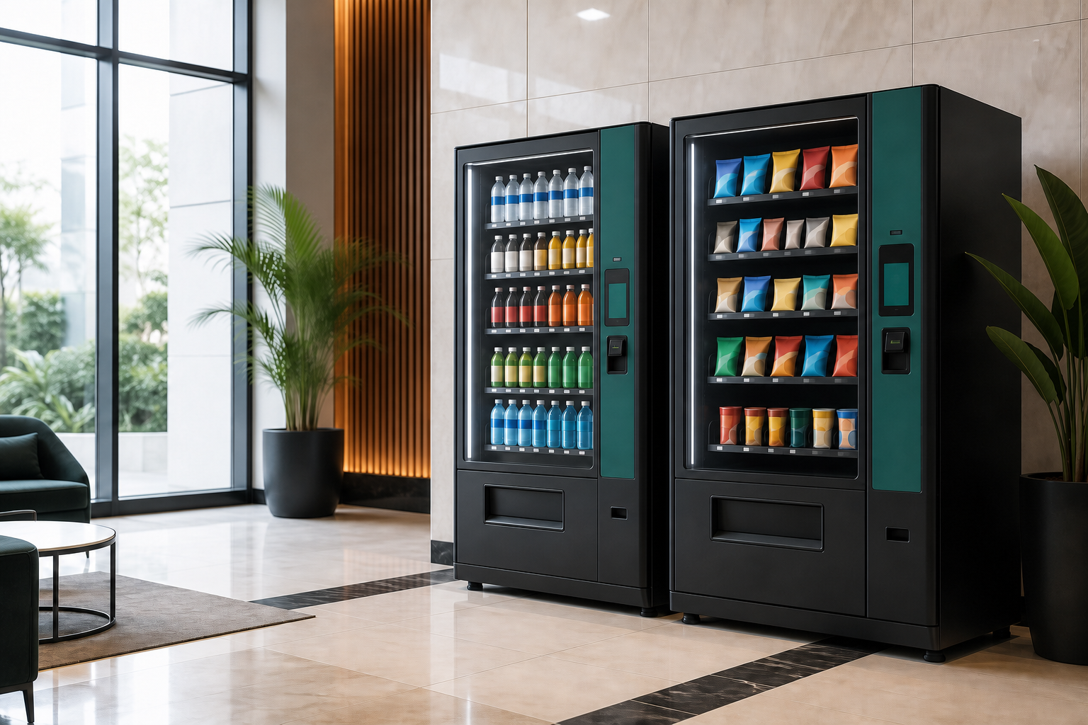 Two modern teal and charcoal vending machines installed in a contemporary business lobby
