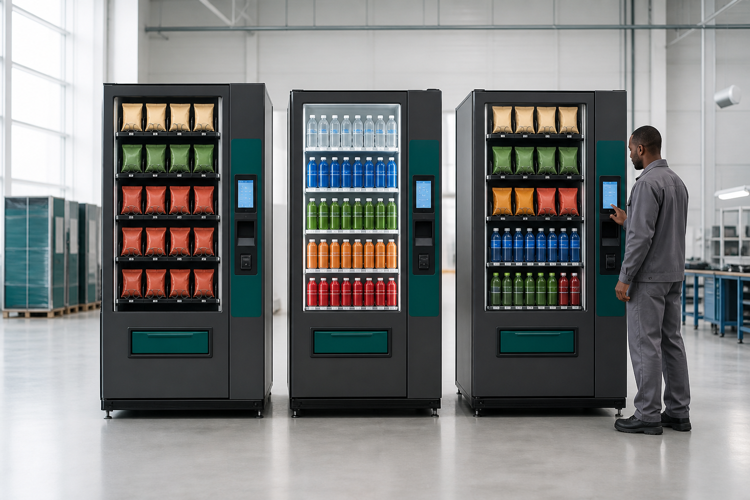 A technician inspecting a lineup of new snack, drink and combination vending machines